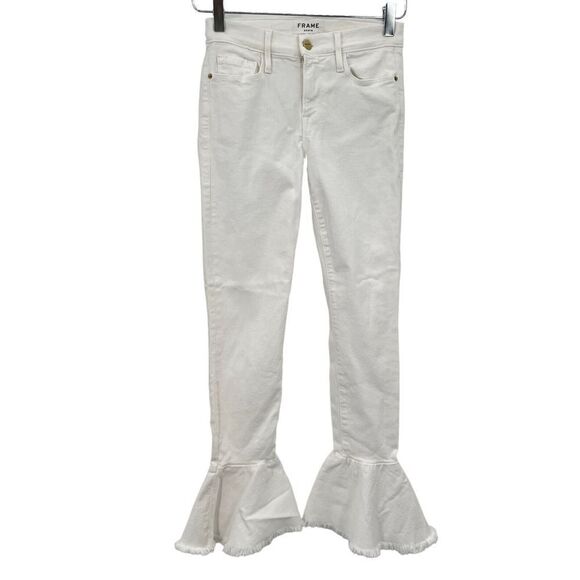 FRAME Le Skinny de Jeanne 24 Flounce Ankle Jeans Raw Edge Hem White Bell Bottom - Picture 4 of 11